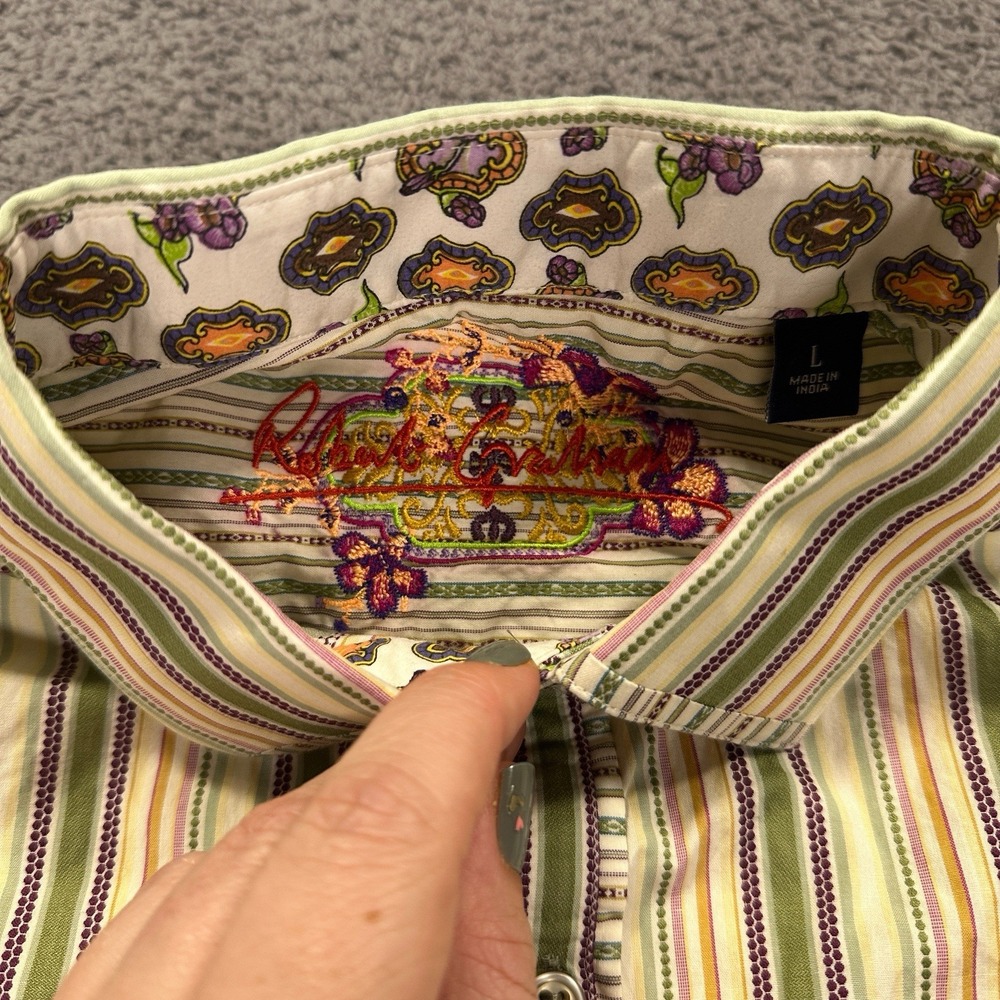 Robert Graham Shirt Mens Large Green Striped Woven Flip Cuff Geometric Going Out - Picture 6 of 13